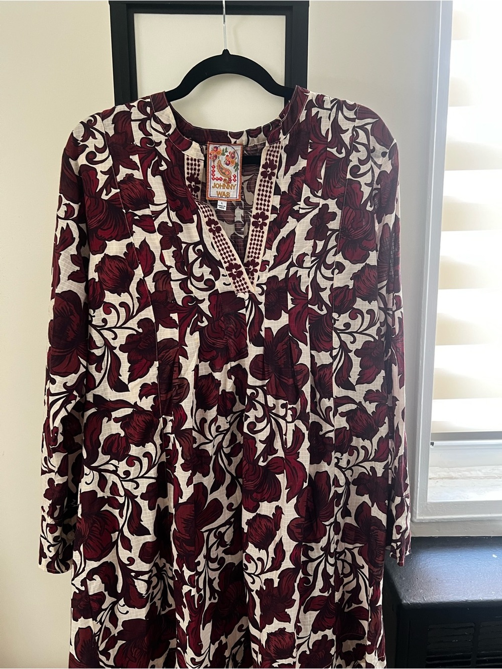Johnny Was Red Burgundy and Cream Long Sleeve Floral Boho Dress Size L - Picture 2 of 4